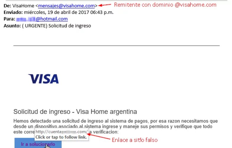 Ejemplo de phishing de Visa